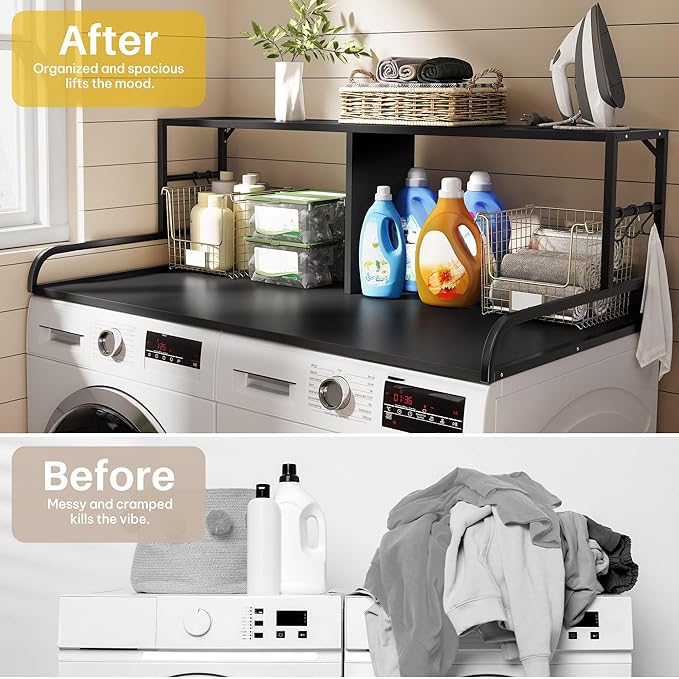 DWVO 2-Tier Washer Dryer Countertop with Shelf, 53" W x 27.6" D with 2.8" Edge Rails & 2 Hooks, Laundry Countertop for Organization, Washer and Dryer Topper, Black