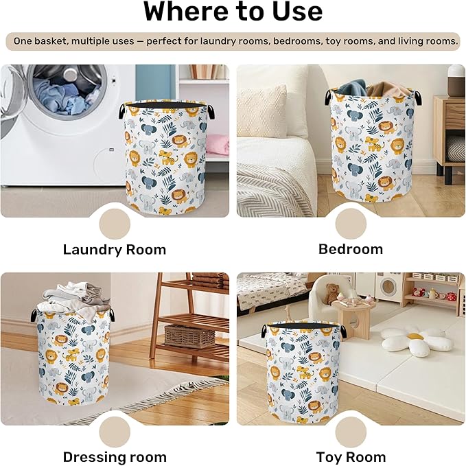 Cute Wood Animals Foldable Canvas Laundry Basket with Handles - Toy Organizer, Heavy Duty for Home，Bedroom, Dorm, Bathroom
