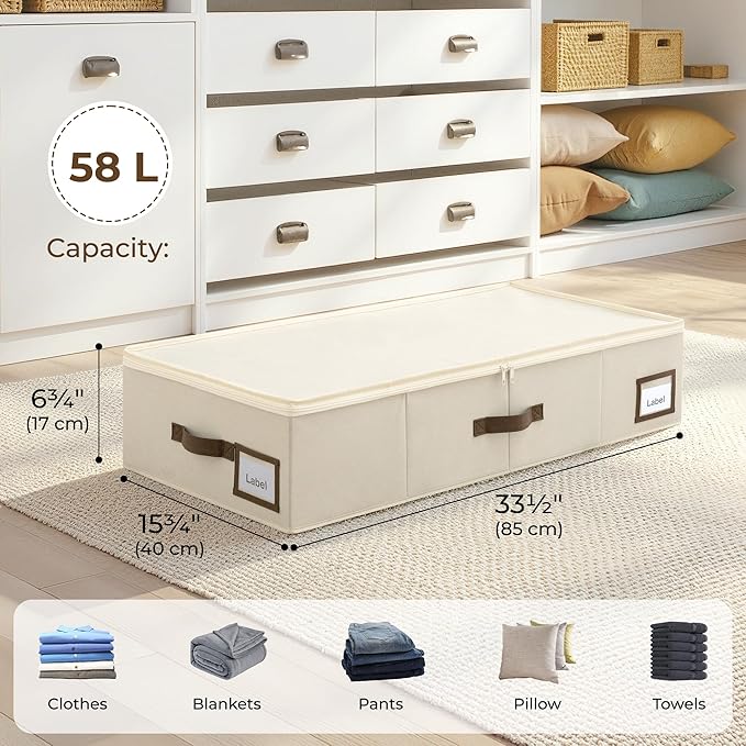 GRANNY SAYS 6.5-Inch Foldable Underbed Storage Box with Lid, Sturdy Frabic Organizer with Reinforced Bottom for Clothes, Shoes, Low-Profile Underbed Container for Bedroom, Closet,2 Pack, Beige