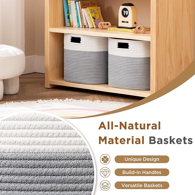 UBBCARE Set of 4 Storage Basket-13 X 13 X 13 in, Cotton Rope Basket for Shelves, Toys, Book, Cube Storage Bins with Handles, Woven Storage Basket for Organizing, White/Grey