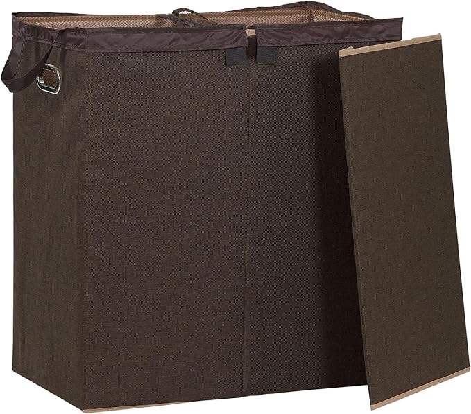 Household Essentials Double Laundry Hamper with Lid, Two Compartments for Easy Sorting with Removable Liner, Collapsible, Brown Linen 5614