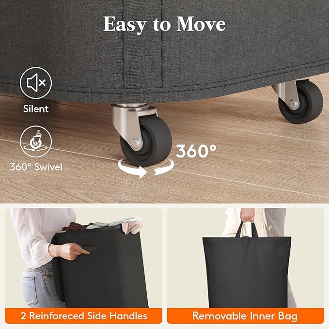 Lifewit 85L Plastic Laundry Basket with Lid, Large Clothes Hamper with Wheels and Removable Bag, Tall Collapsible Rolling Storage Bin for Dorm Bedroom Bathroom, Black