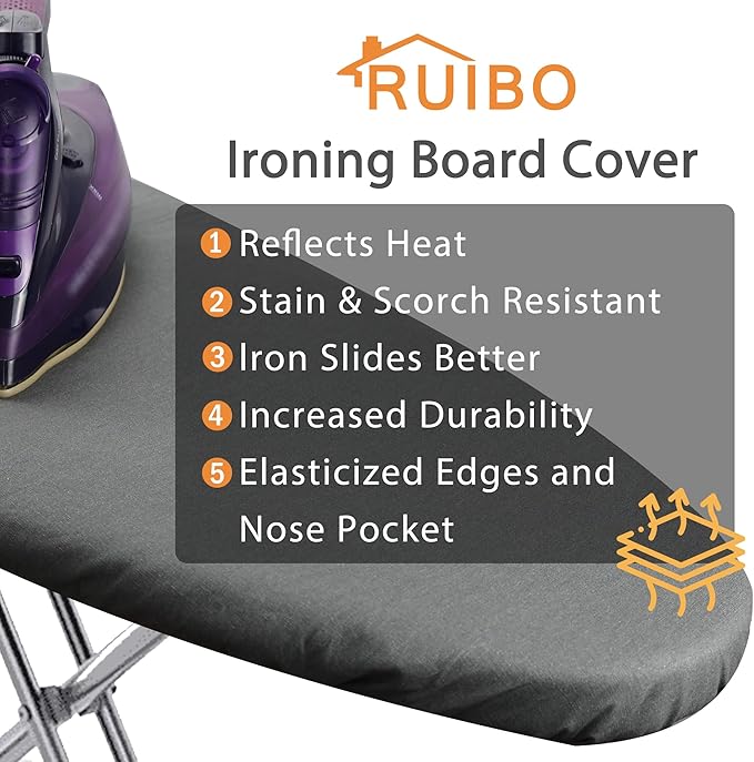 Ruibo Ironing Board Cover and Pad Extra Thick Heavy Duty Padding 4 Layers, Scorch and Stain Resistant,Elastic Edge Fit Standard Size 15x54 Inch/Silver