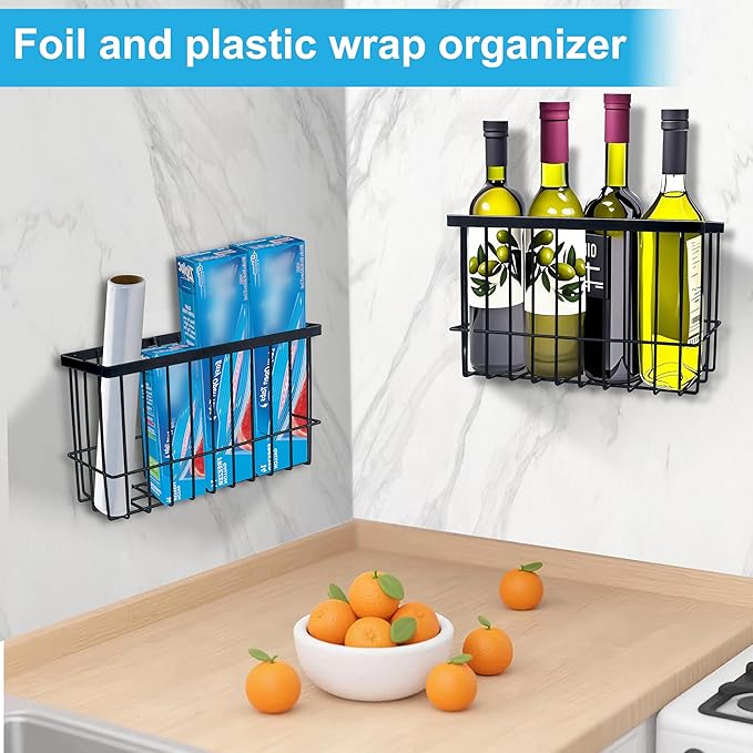 Kitchen Cabinet Door Organizer 3 pack, Lid Organizers Inside Cabinet with 2 Sponges, Foil and Plastic Wrap Organizer with 4 Hooks, for Aluminum Foil, Plastic Wrap, Black, (Small, Medium, Large)