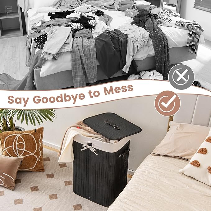 Giantex Bamboo Laundry Hamper with Lid, 72L Large & Tall Clothes Hamper with Removable Liner & Handles, Rectangular Laundry Basket for Small Spaces, Laundry Room, Bedroom (Black)
