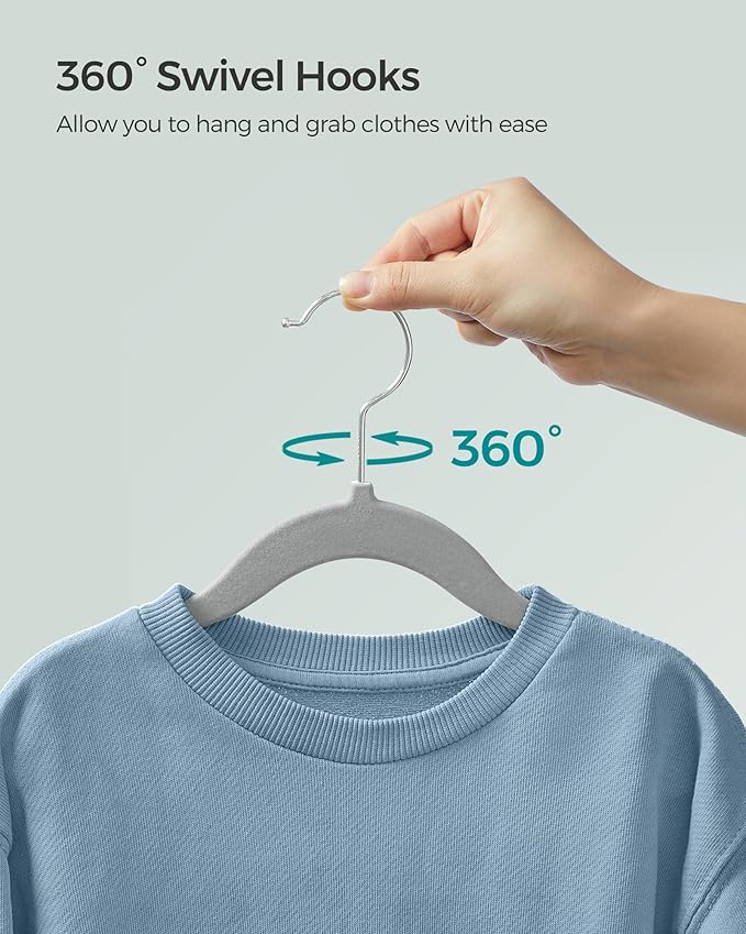 SONGMICS Baby Kids Hangers 50 Pack for Closet, 11.8 x 8.1 Inches, Silver 360° Swivel Hooks, Space-Saving Clothes Velvet Hangers for Nursery, Non-Slip, Dove Gray UCRF027G05