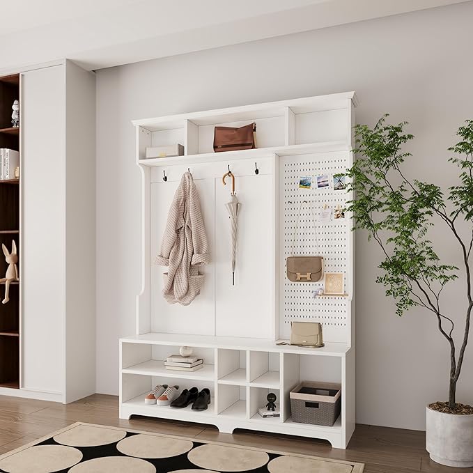 4-in-1 Wide Hall Tree with Shoe Bench, Coat Rack, Shoe Storage, Storage Shelves and Pegboard, Wood Entryway Coat Hanger for Hallways Halls Living Room (White-757)