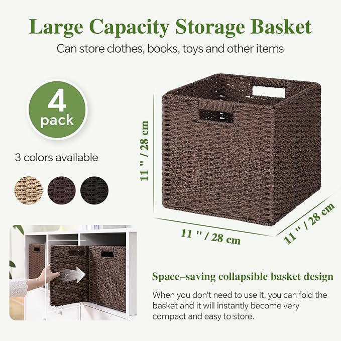 Woven Wicker Storage Baskets 4-Pack, 11x11 Handwoven Paper Rope Organizer Bins, Foldable Cube Storage Cubes with Built-in Handles for Shelves and Closet Organization(Dark Brown）