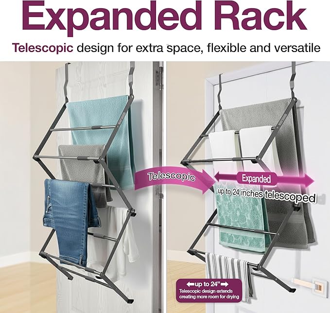 BLACK+DECKER Over The Door Expandable Telescopic Drying Rack, Clothes Organizer, Towel Hanger, Laundry, Collapsible, Gray