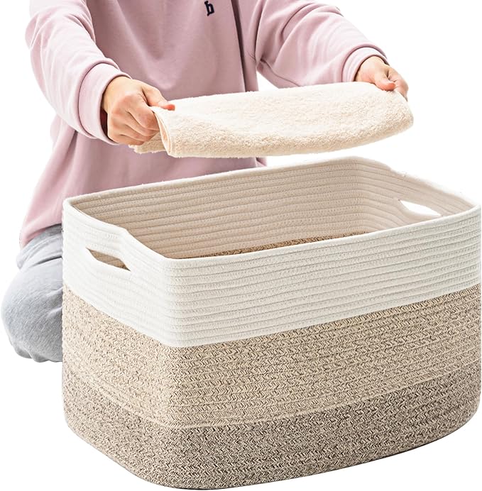Large Blanket Basket Living Room, Storage Basket, Large Woven Baskets for Storage, Cotton Rope Baskets for Toys, 22”x17”x12”, Gradient Yellow, 75L