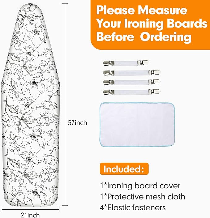 Ironing Board Cover and Pad, 21x54 Extra Large Thick Iron Padding, Scorch & Stain Resistant Ironing board cover, Heavy Duty Iron Board Padded with Adjustable Fasteners Elastic Edge, Floral White