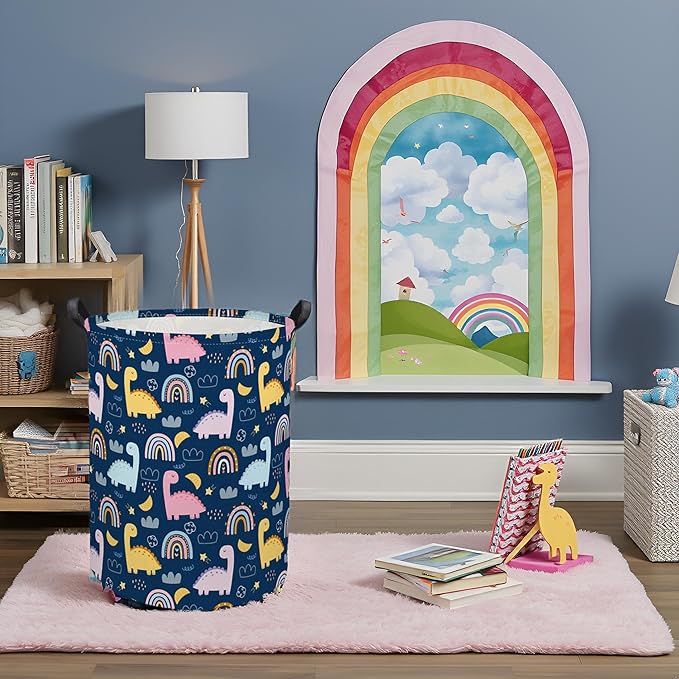 Dinosaur Kids Laundry Basket Baby Hamper Rainbow Toy Storage Bin for Boys Room Decor Baby Nursery Hamper Gift Baskets for Bedroom Bathroom(Rainbow Dinosaur)