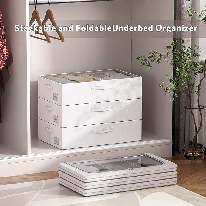 CYhom 3Pcs Under Bed Storage Bins with Metal Frame - Shoe Organizer for Closet with Clear Cover Oxford Fabric Sturdy Underbed Container Foldable Stackable Clothes Organizer (Grey, 23.5x11.8x6.3)