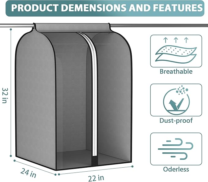 22” Gusseted Garment Bags for Hanging Clothes, Large Clear Window Clothes Cover for Closet Storage, Wardrobe Coat Protector for Suit, Shirt Bottom Enclosed, 2 Pack, 32” Long