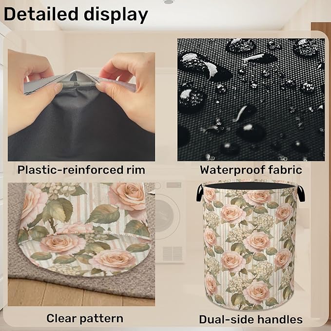 Shabby Chic Rose Laundry Basket - Heavy Duty 60L Dirty Clothes Organizer, Water Resistant Foldable Hamper for Men Women