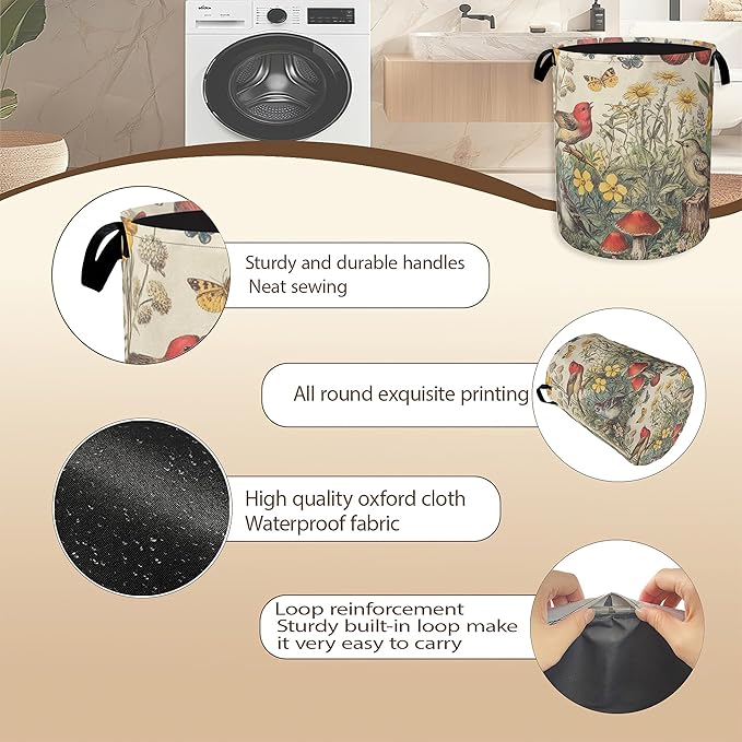 Collapsible Laundry Basket,Vintage Flower Bird Dirty Clothes Hamper,Rustic Butterfly Mushroom Hampers for Bedroom Waterproof Oxford Cloth Storage Organizer for Bathroom,Nursery,Dorm,16x20 Inch