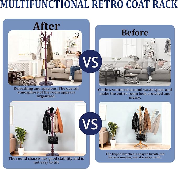 73" Wooden Freestanding Coat Rack，Easy to Adjust, Easy to Assemble for Children, Youth,Coat Rack Stand With Adults，18 Hooks and Round Solid Wood Base for Entrance Hallway Office Living Room (fishtail)