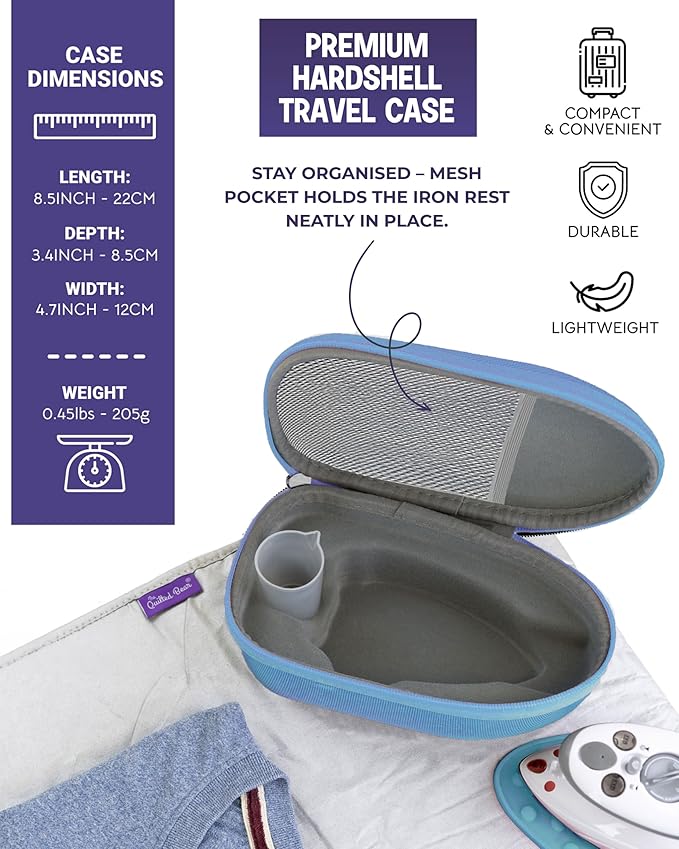 The Quilted Bear Premium Mini Steam Iron - Lightweight Mini Travel Iron for Effortless Quilting & Wrinkle-Free Clothes with Carry Case & Iron Rest Set - Travel Steamer for Clothes & Crafts (Blue)