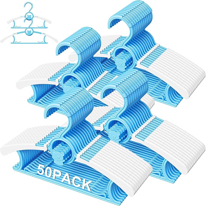 50 Pack Kids Hangers for Nursery Closet, Adjustable Non-Slip Toddler Baby Hangers with Windproof Buckle, 11-14" Infant Child Plastic Clothes Pant Hanger for Boys Girls Newborn Adult, Blue