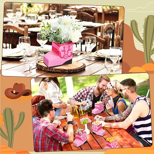 24 Pcs Cowboy Boots Paper Boxes Western Theme Party Decorations Favors Wild West Popcorn Boxes Boot Shape Bag for Cowboy Birthday Bachelorette Baby Shower Party Supplies(Pink)