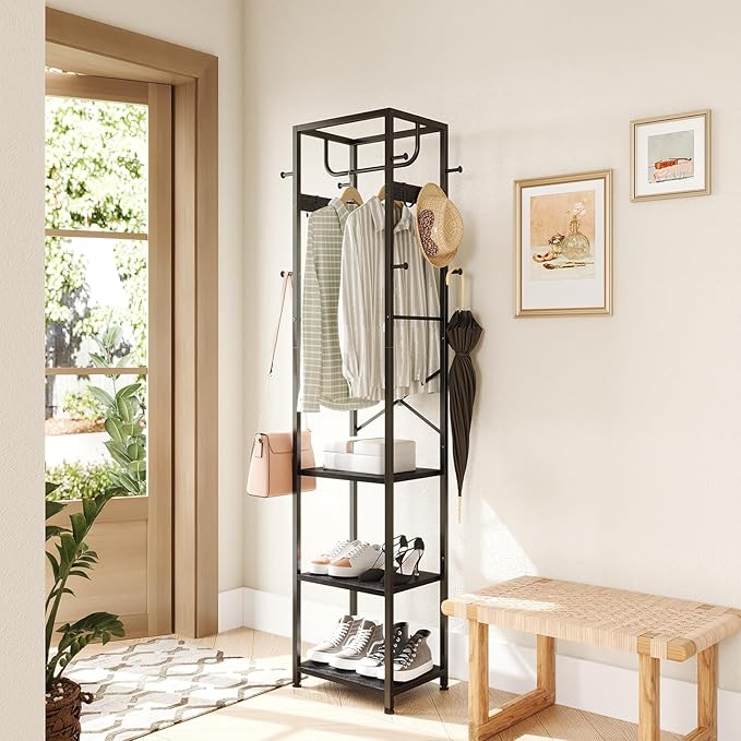ELYKEN Coat Rack Freestanding, Hall Tree with 3 Storage Shelves and 12 Hooks, Metal Clothes Rack Stand Organizer for Bedroom, Hallway, Entryway, Office, Living Room, Black