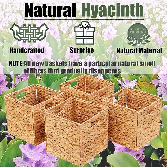 Storage Baskets 11x11inch Cube Baskets 4 pcs Baskets,Foldable Handwoven Water Hyacinth Laundry Organizer,Cube Storage Baskets