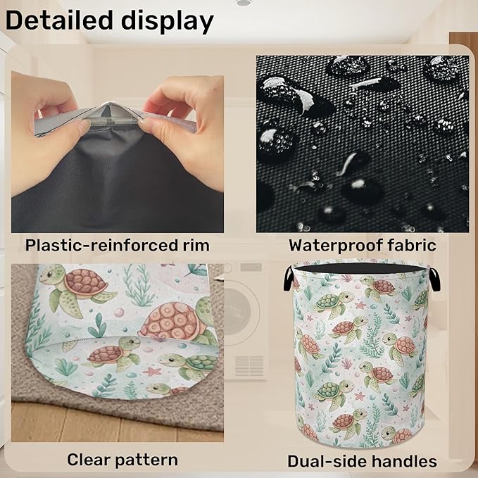 Cartoon Turtle Large Clothes Hamper Bag - Laundry Basket with Handles, Space Saving Foldable Design for Nursery