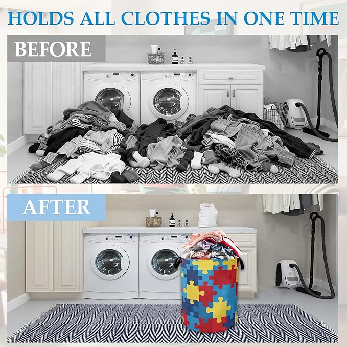 Colorful Puzzle Laundry Basket Collapsible Laundry Hamper Oxford Clothes Toy Storage Bin for Bathroom Bedroom Room Decor 16 X 20.8 Inch
