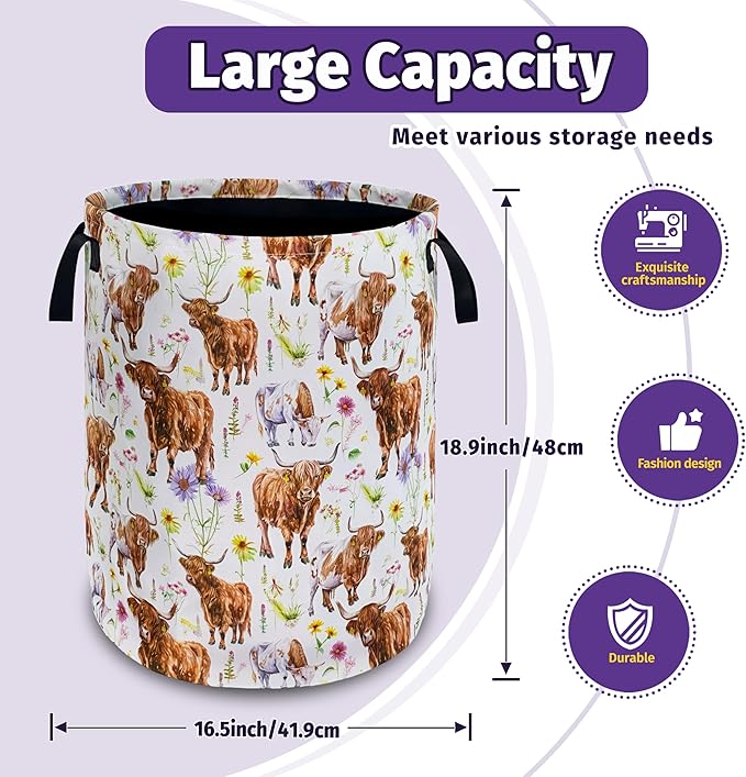 Cows Flowers Laundry Basket Foldable Oxford Cloth With Handle Portable Highland cattle Storage Basket Organizer Suitable For Laundry Room/Bedroom/Living Room/Children'S Room (18.9 X 16.5 Inch)