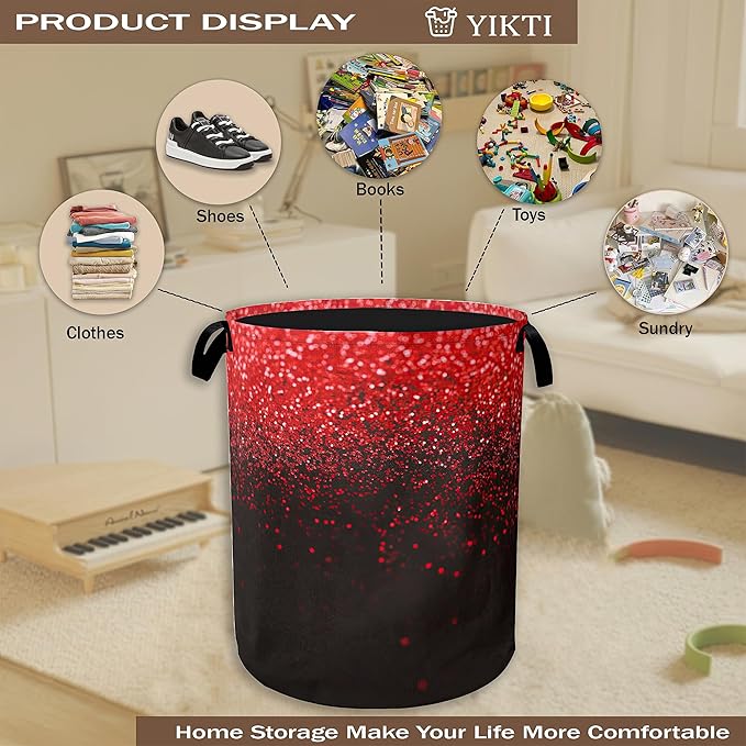 Red Sequin Laundry Basket,Glitter Clothes Hamper,Oxford Cloth Collapsible Nursery Hamper Storage Organization for Bedroom,Bathroom,Office,College Dorms,16x20 Inch