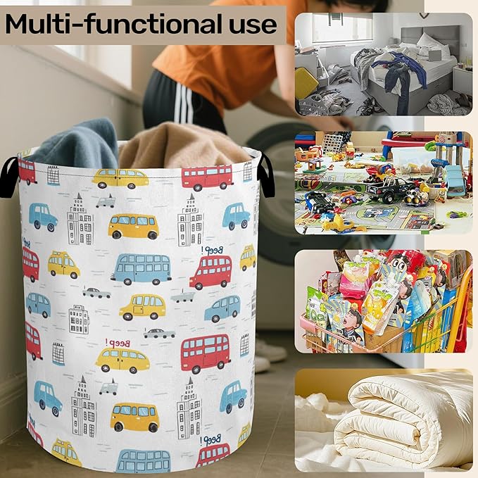 Laundry Basket, Cartoon Vehicles Foldable Canvas Toy Organizer with Handles, Heavy Duty for Home, Bedroom, Dorm, Bathroom, Large Storage Basket Home Decoration