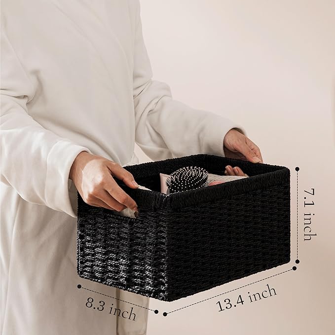 UBBCARE 2 Pack Wicker Basket, 13.4L×8.3H×7.1W inch Woven Paper Rope Storage Baskets for shelves, Foldable Rectangular Storage Baskets with Handle, Storage Basket for Organizing, （Black,2pack Medium）