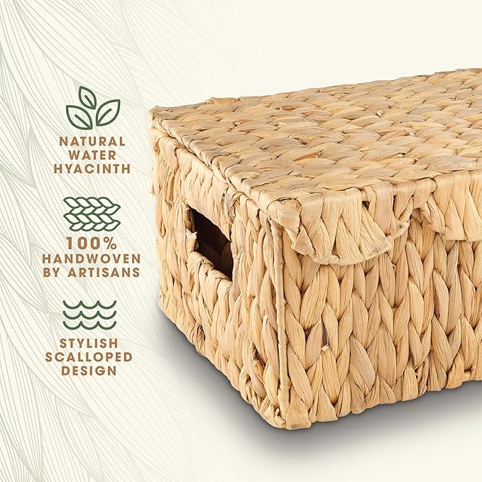 Set of 2 Scalloped Wicker Baskets with Lid - Woven Baskets with Lid - Rattan Storage Box - Woven Decorative Box