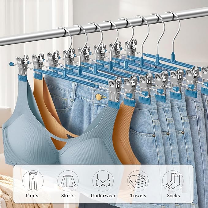 14Inch Blue Pants Hangers with Clips 20 Pack Adjustable Skirt Hangers for Women Non-Slip Trousers Hanger for Jeans Clothes Hangers for Pants Heavy Duty Space Saving Shorts Hangers