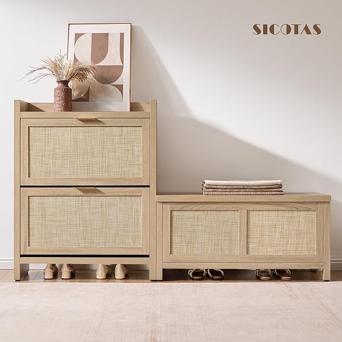 SICOTAS Rattan Storage Chest - 39.4" Storage Bench for Bedroom, Boho Storage Truck with 2 Safety Hinges and Flip Top for Living Room Entryway, Supports 220 lb, Light Oak