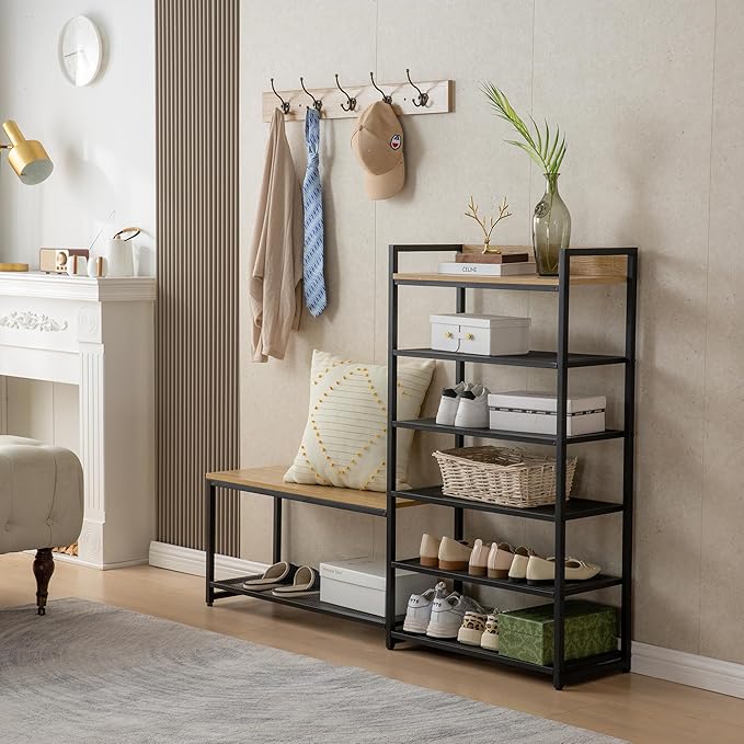 6-Tier Coat Rack Shoe Bench Set, Entryway Bench with 6 Hooks Coat Rack, Hall Tree and Shoe Storage for Entryway, Hallway, Garage, Bedroom (Vintage Oak)