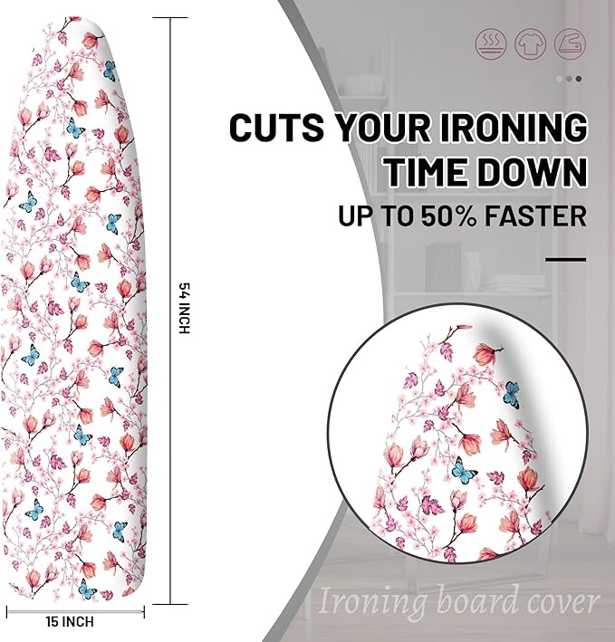 Extra Thick Ironing Board Cover and Pad, 15x54 Ironing Board Cover, Resist Scorching and Staining,Elastic Edges,Floral Butterfly Spring Pink
