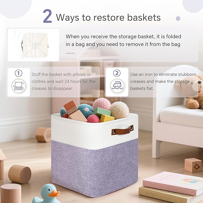 Cube Storage Baskets 6 Pack, 11x11 inch Cube Storage Bins with Leather Handles for Shelf Closet (White/ Purple)