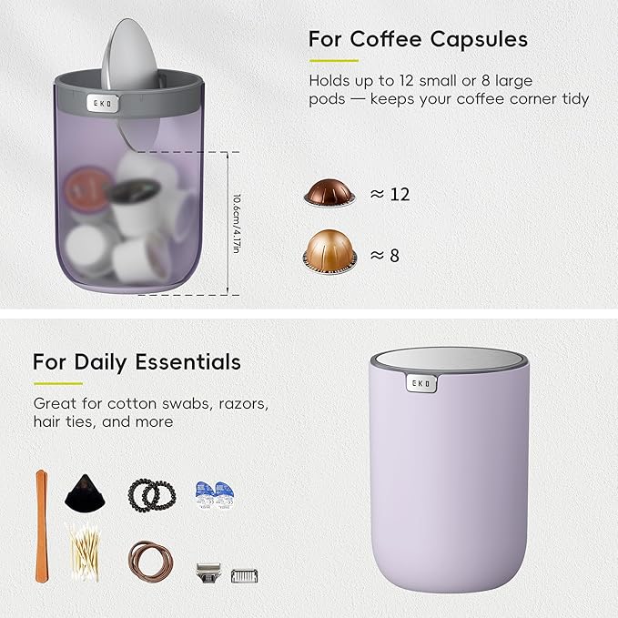 EKO Fandy 0.4 Gal/1.5L Mini Tabletop Trash Bin with Swing-Lid, Desktop Trash Can for Bathroom Countertop, Vanity, Coffee or Office, Small Garbage Bin (Lavender)