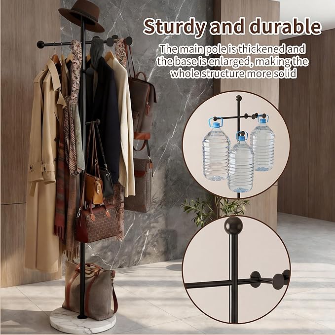 68.9 Inch tall Modern Coat Rack,Black coat tree freestanding heavy duty,Heavy-Duty Metal Coat Rack Stand with Sturdy Marble Base for Entryway,Hallway,Bedroom,Holds Coats Hats Bags Scarves