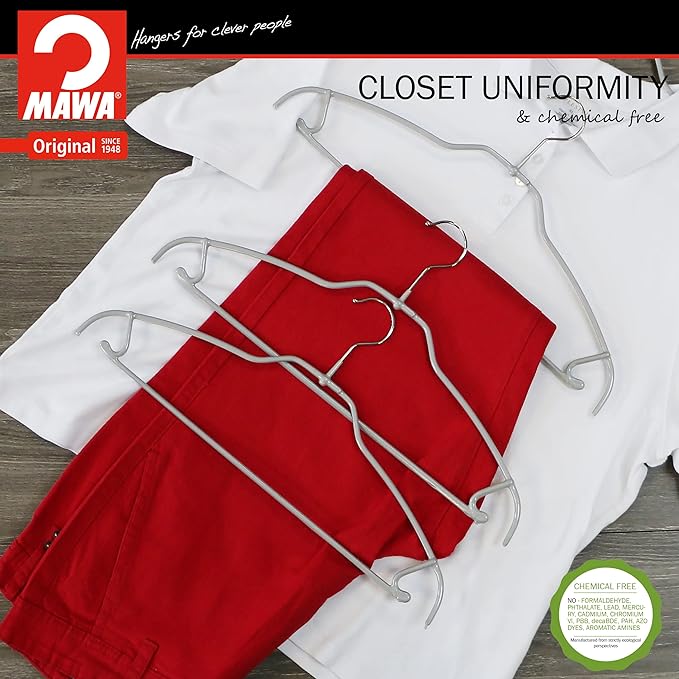 Mawa by Reston Lloyd Silhouette Ultra-Thin Series, Non-Slip Space Saving Shirt Hanger with Pant Bar & Skirt Hooks, Style 42/FTU, Pack of 2, Silver