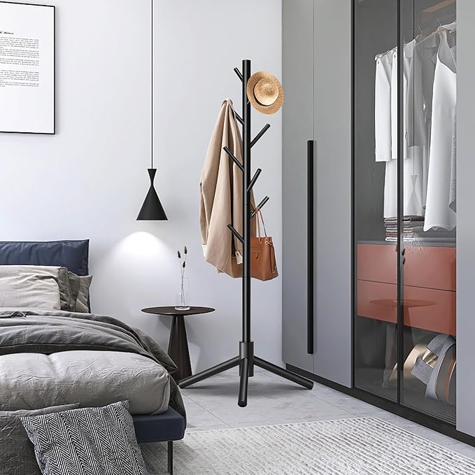 Durable Wooden Coat Rack, Freestanding Coat Rack with Stable Triangular Base, 8 Hooks & 3 Adjustable Heights, Simple Assembly for Bedroom, Hallway, Office(New Black)