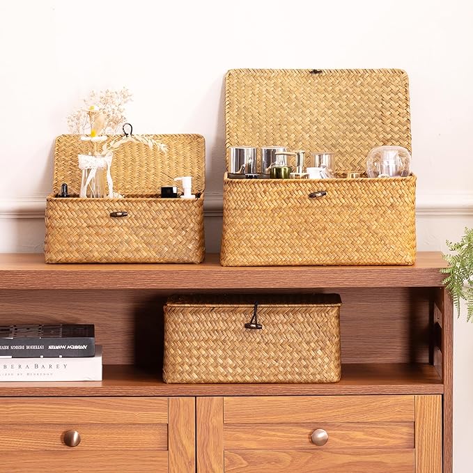 Nonam Small Basket with Lid, Natural Seagrass Bin with Lid, Shelf Baskets Multipurpose Container for Boho Decoration, Rectangular Household Storage Boxes for Home Organization-Natural