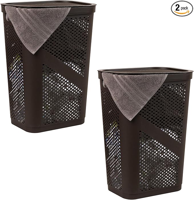 Mind Reader 60L Slim Laundry Hamper, Clothes Basket, Lid, Ventilated, Plastic, 17.25"L x 13.75"W x 23.5"H, Set of 2, Brown