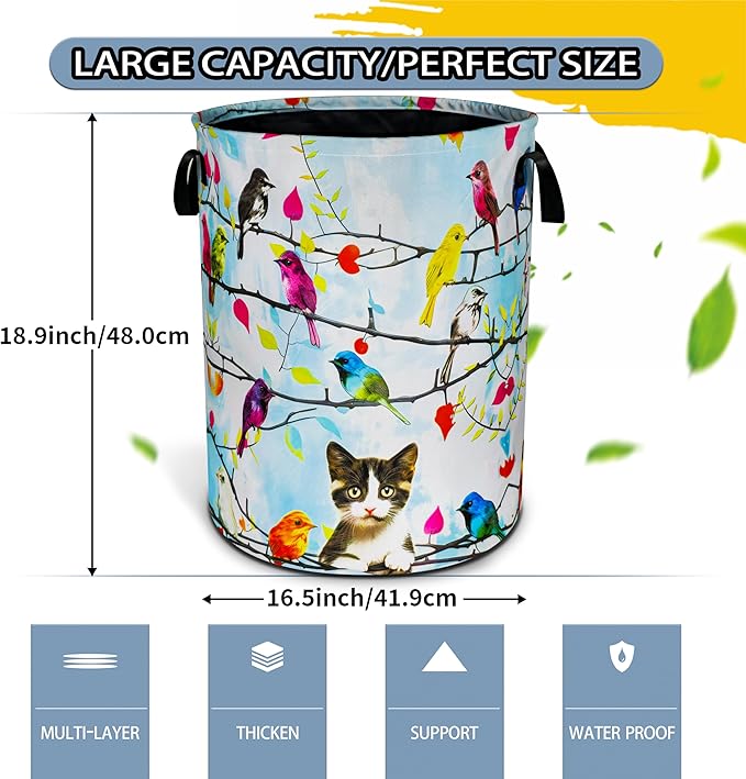 Cat Colorful Bird Laundry Basket Animal Foldable Oxford Cloth Funny Tote Bag Laundry Hamper Clothes Storage Bucket Toy Organizer For Bathroom/Laundry Storage/Bedroom 18.9x16.5 Inch