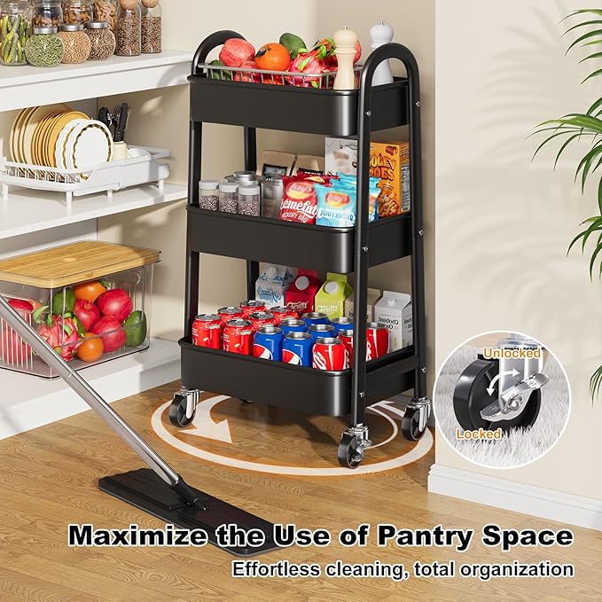 3 Tier Black Rolling Cart Metal with Wheels, Basket, Cups & Hooks, Three Tier Utility Carts on Wheels, Can Organizer for Pantry Floor, Kitchen Storage Rack, Snack Shelf Carts, Vianderos para Cocina