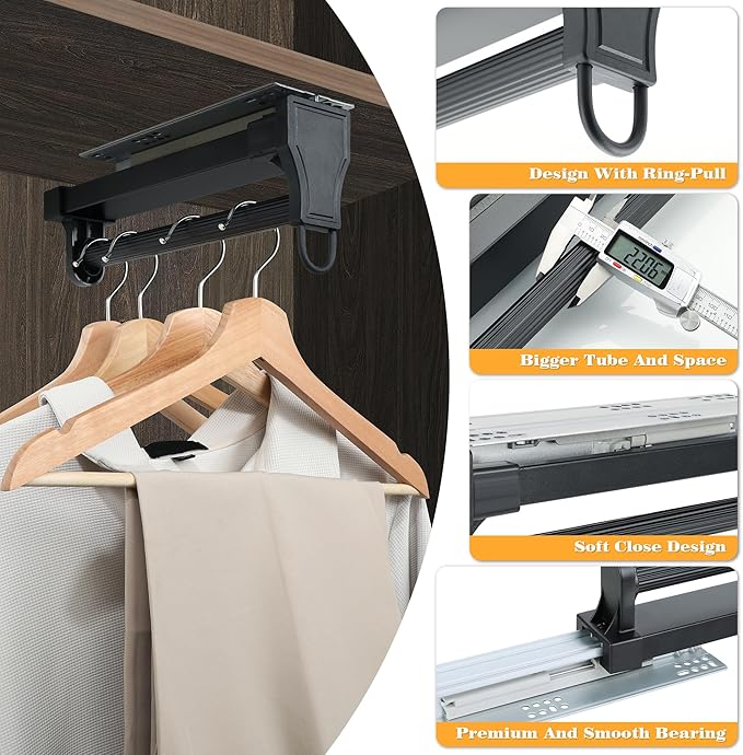 Alise Pull Out Clothes Hanger Rack for Closet,14 inch Heavy Duty Closet Rod with Automatic Soft-Close Mechanism for Closets,Closet Pull Out Metal Rod Organizer Hangers for Coats Pants Hangers,Black