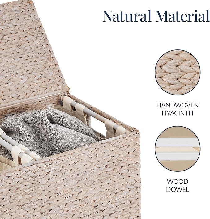 Best Choice Products Large Double Laundry Hamper with Lid, Natural Handwoven Water Hyacinth, 2 Sections w/ 2 Machine Washable Linen Liner Bags, Portable, Handles - Whitewash