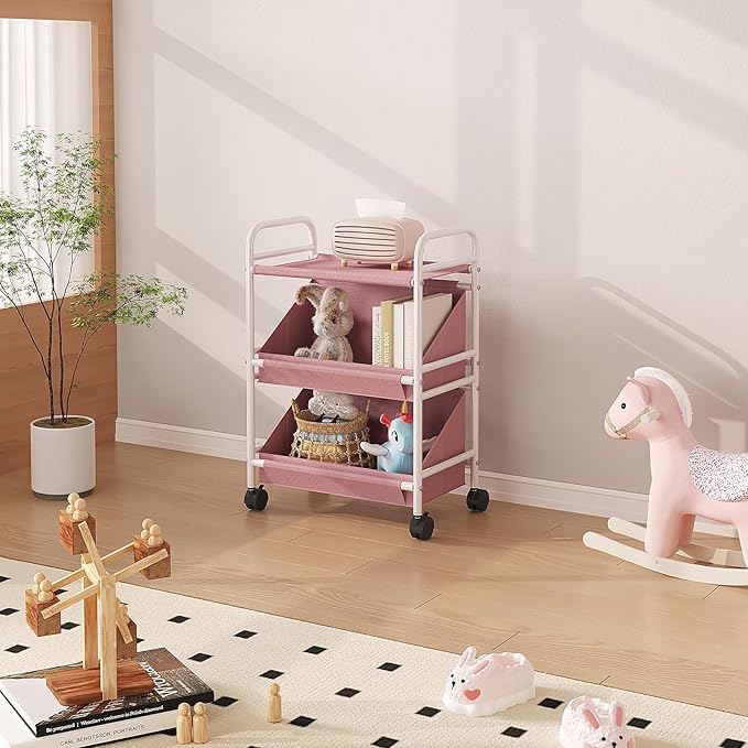 Buzowruil Utility Rolling Fabric Storage Rack Trolley Toy Cart Trolley with 2 Large Storage Boxes,Wheels, Suitable for Bedroom, Living Room, Entryway, Pink