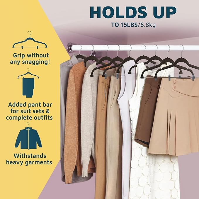 Lifemaster Velvet Skirt Hangers – with Adjustable Clips, 360 Degree Swivel Hook, and Non-Slip Shoulder Notch, Holds Up to 10 lbs, for Organizing Skirt, Pants, Dress, and Clothes, Pack of 20, Brown